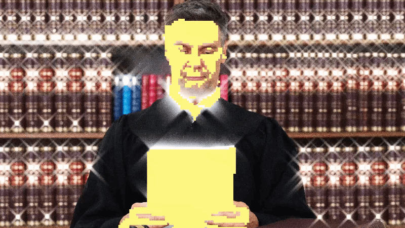 AI in courtroom, digital justice system, judge and computer
